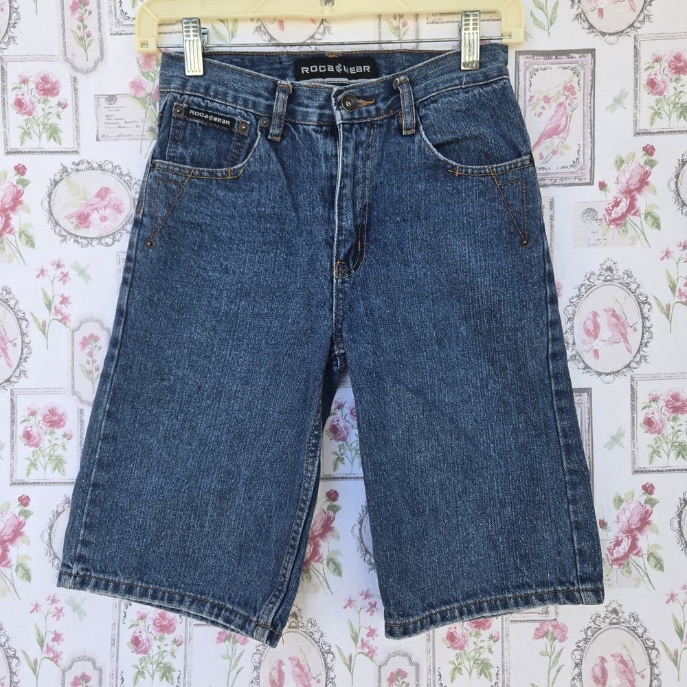 Vtg Rocawear Denim Shorts Boys 10 Blue Embroidered Logo Baggy Jorts Y2K Hip Hop - Picture 2 of 10